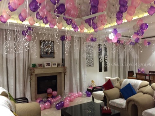 Beautiful Balloon Decor with hanging photos at your home in Delhi, Gurgaon, Noida, NCR