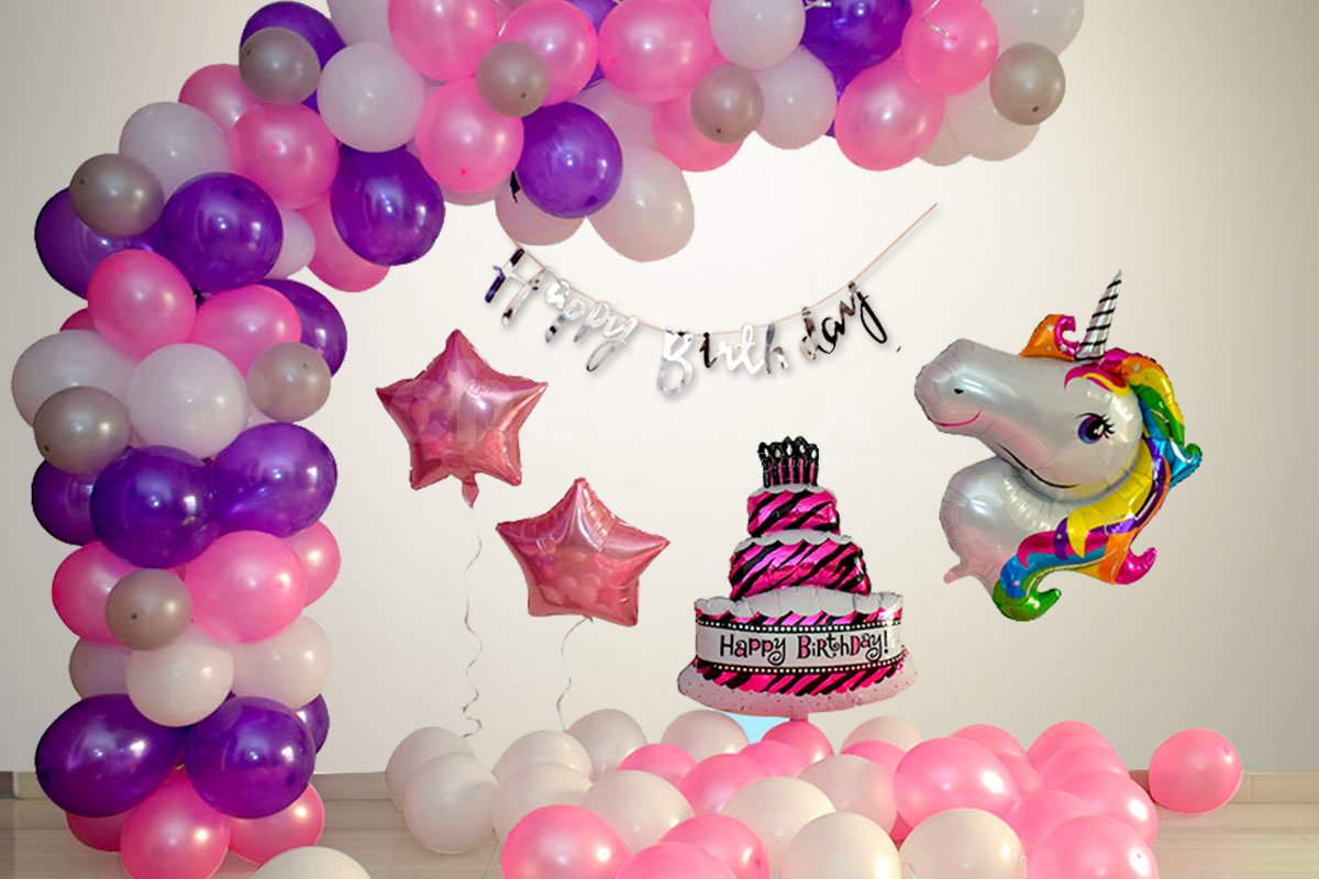 2 Pink Star foil Balloons and Happy Birthday Silver Bunting
