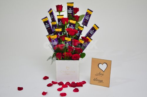 Send a bucket full of roses and chocolates to wish someone a birthday or anniversary.