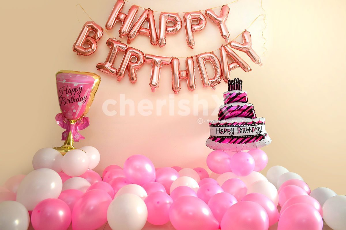 Birthday Decorations with Balloons in Pink & Rosegold Colors