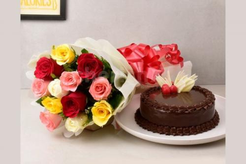 12 mixed roses and truffle cake combo