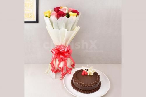12 mixed roses and truffle cake combo home delivery