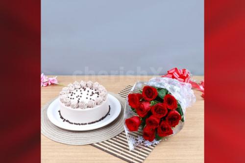 10 red roses and coffee cake combo