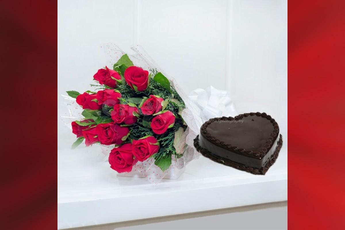 12 red rose with heart shape chocolate truffle cake