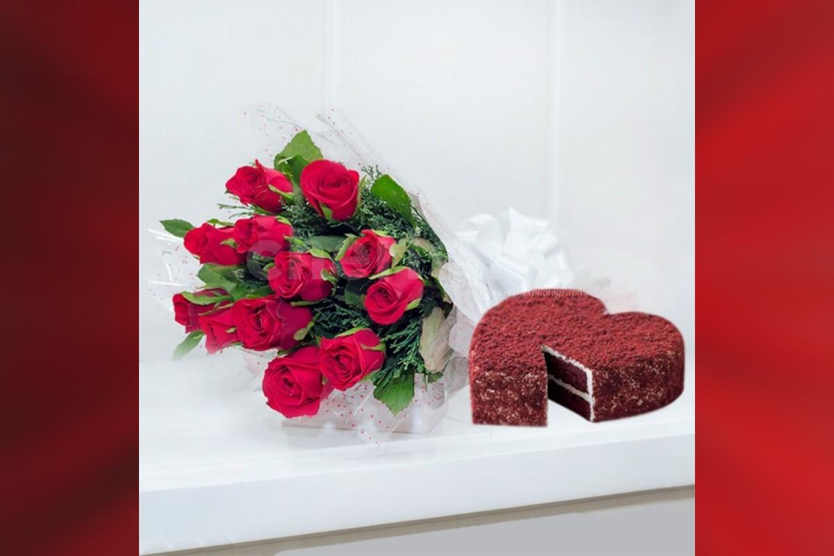 12 red rose bouquet with heart shape red velvet cake