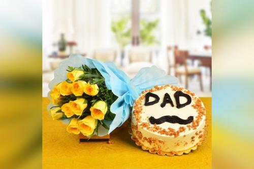 12 Yellow Roses & 'Dad' Butter scotch cake