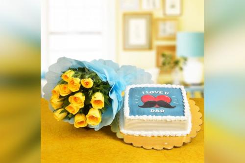 12 yellow roses and I Love You Dad Photo Cake