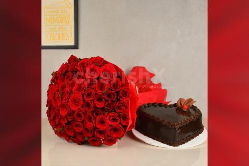 50 Red roses bouquet and a heart shape chocolate truffle cake
