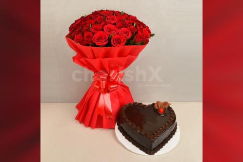 50 Red roses bouquet and a heart shape chocolate truffle cake home delivery