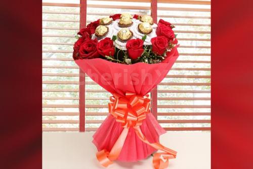 12 Red Roses with 16 ferrero rocher bouquet  home delivery