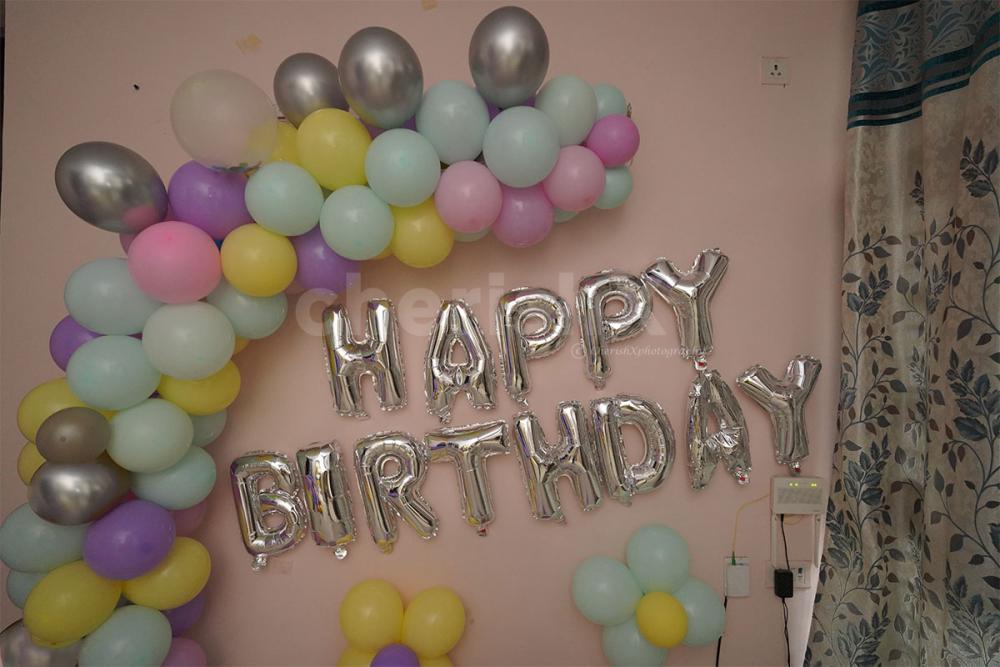 Birthday Balloon Decoration at Home with Pastel Color Balloons.