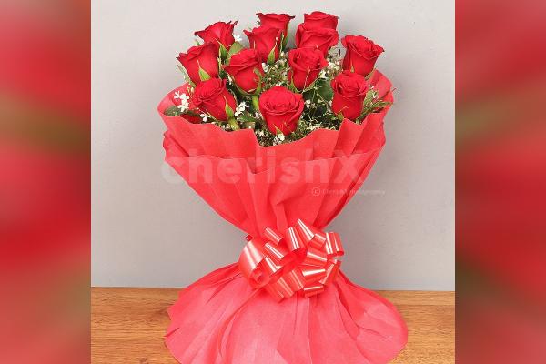 12 Red Roses in Red Color Paper Bouquet