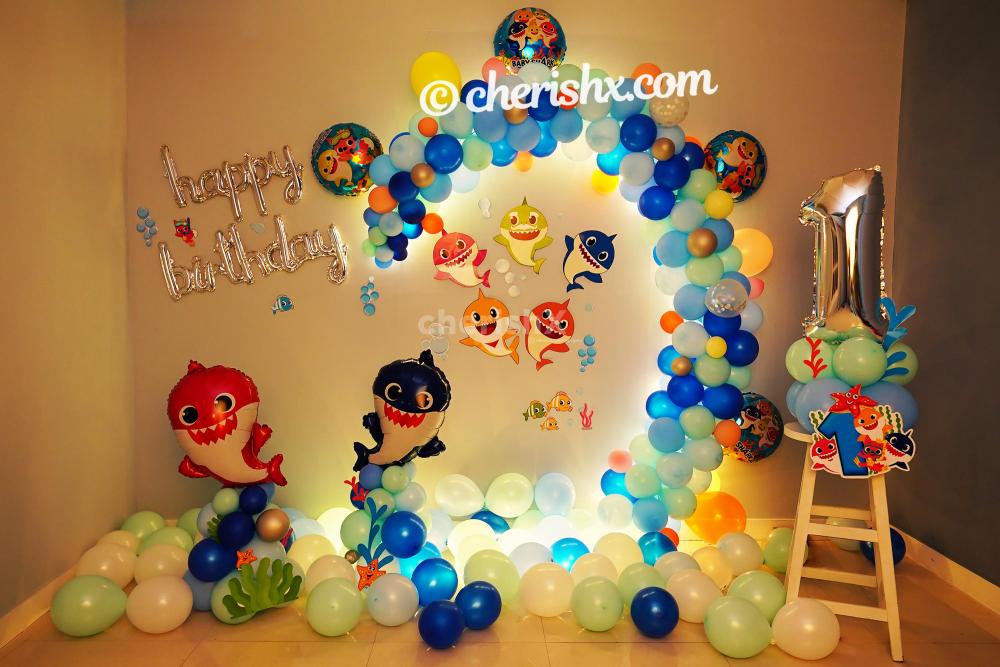 A beautiful Baby Shark Themed Balloon Room Decoration