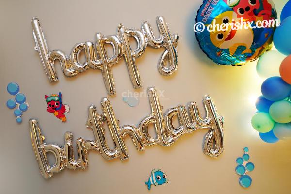 Happy Birthday Foil Balloons for Baby Shark Themed Room Decoration.