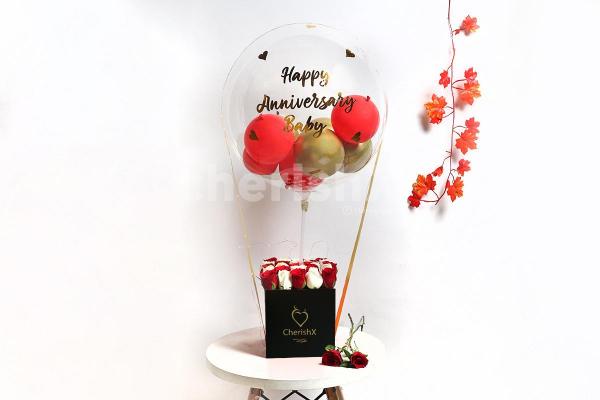 Red & Golden Balloon Bucket for Anniversary Gift in Bangalore
