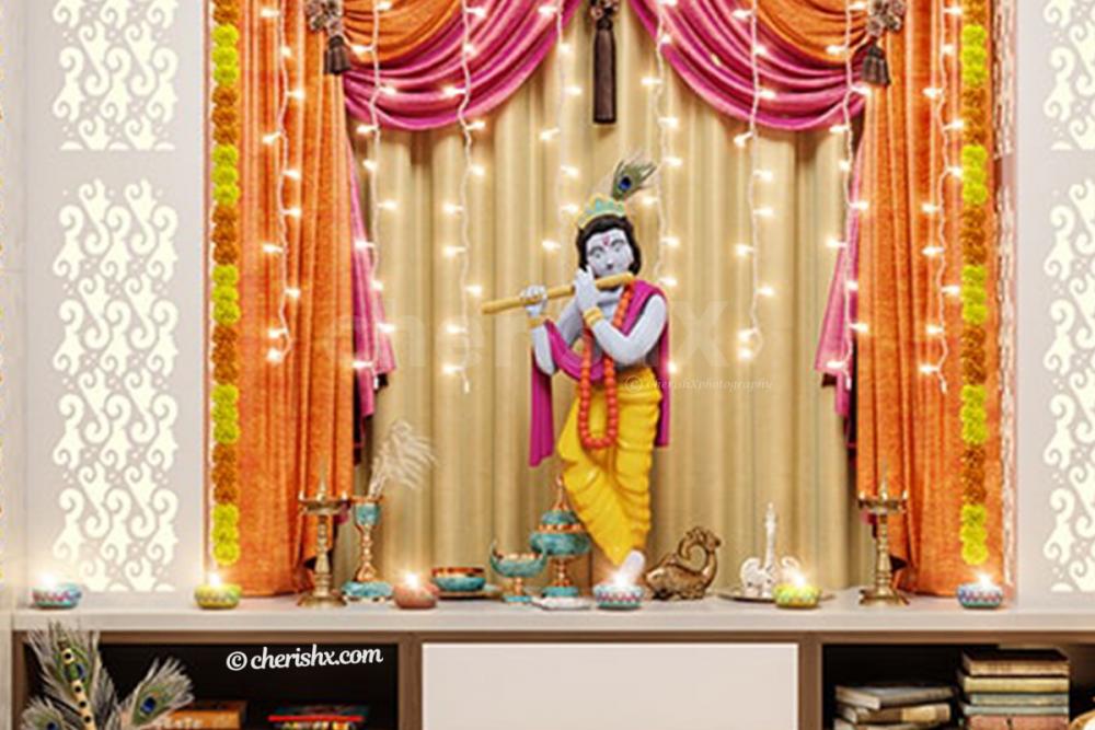 Marigold Themed Decor around the statue of Lord Krishna.