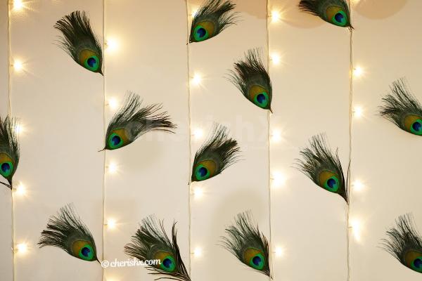 Backdrop created with peacock feathers and Led lights for Ganesh Chaturthi Peacock Themed Decor!
