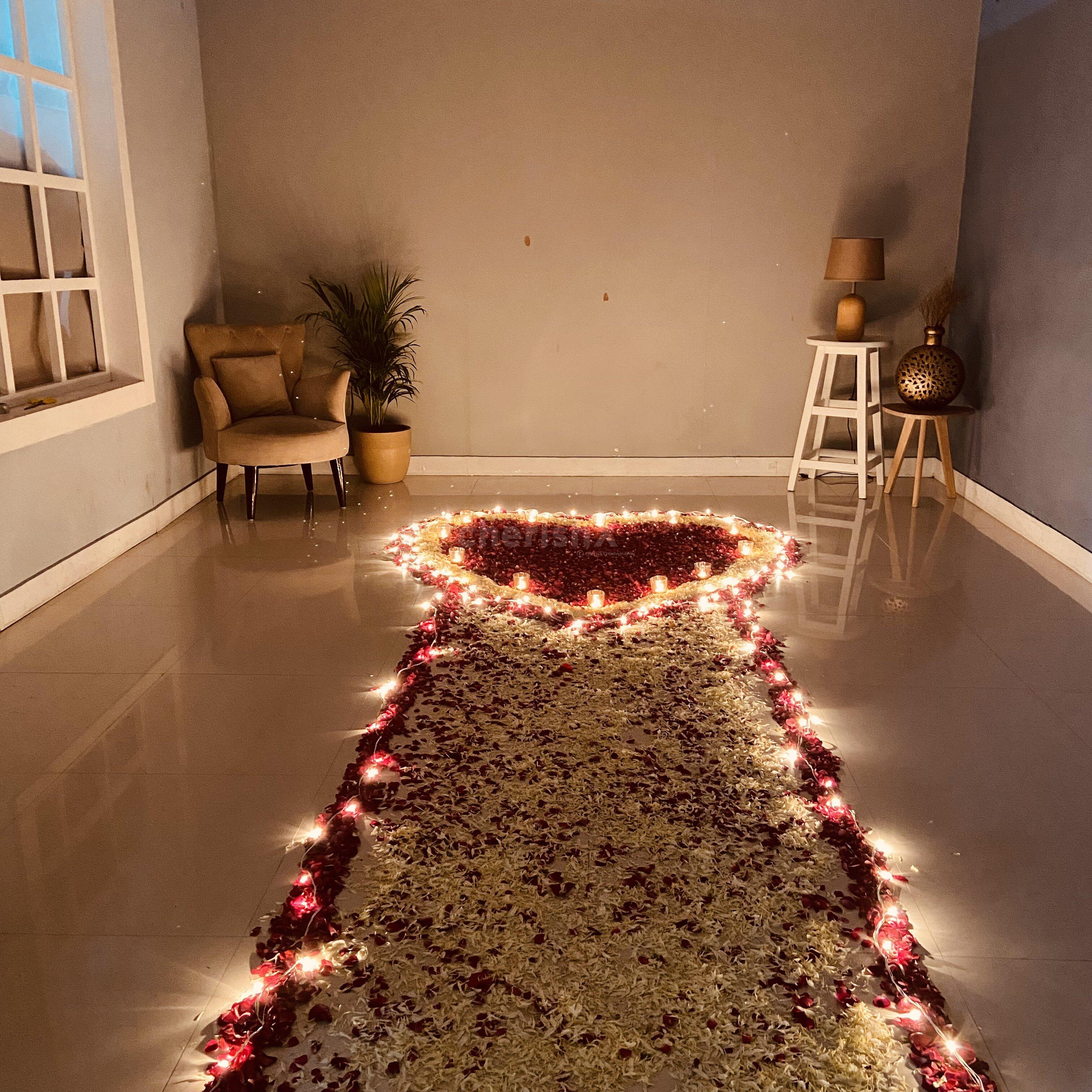 Proposal Setting with Flowers & Candles Pathway at home in Delhi NCR,  Gurgaon, Noida, Bangalore, Chennai, Jaipur, Kanpur, Pune, Chandigarh,  Mumbai, Ahmedabad, Hyderabad & Lucknow