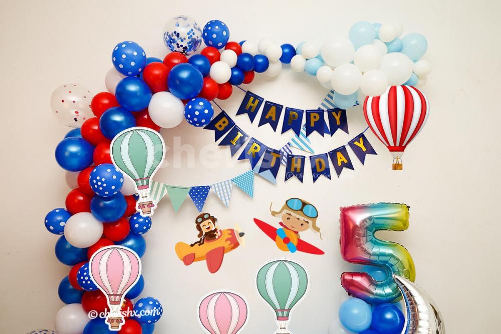 Arc of Colourful Balloons and Blue Happy Birthday Bunting included in CherishX's  Aeroplan Theme Birthday Decor!