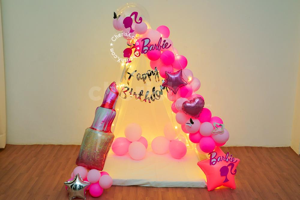 A Barbie Theme Kids Canopy Decor for your kids birthday special.