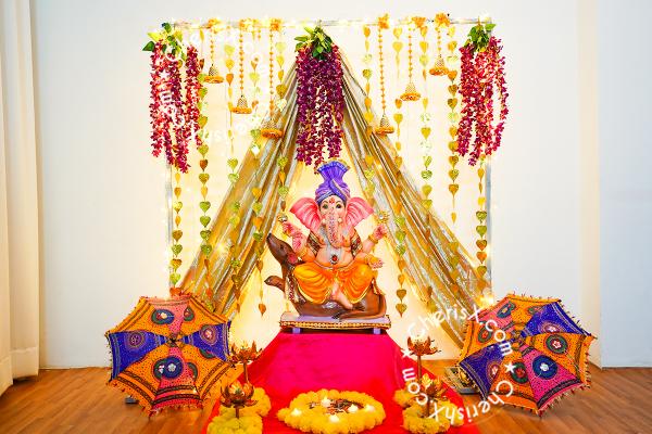 Ganesh Chaturthi Pandal Decoration with Curtains, Flowers and Lights