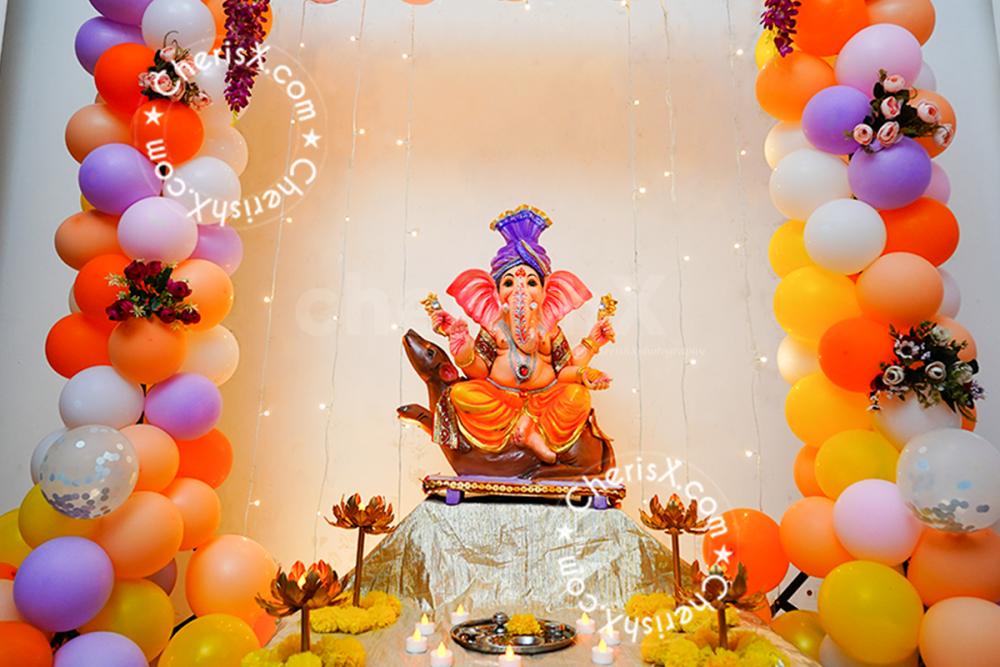 Ganesh Puja Room Decoration with Red, Purple, White Balloons