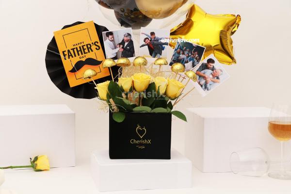 A Black & Gold Father’s Day Bucket with Balloons and Chocolates!