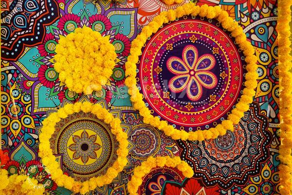 CherishX's Diwali Decoration with 2 pots decorated with 2 yellow Flower Garlands and Green leafs.