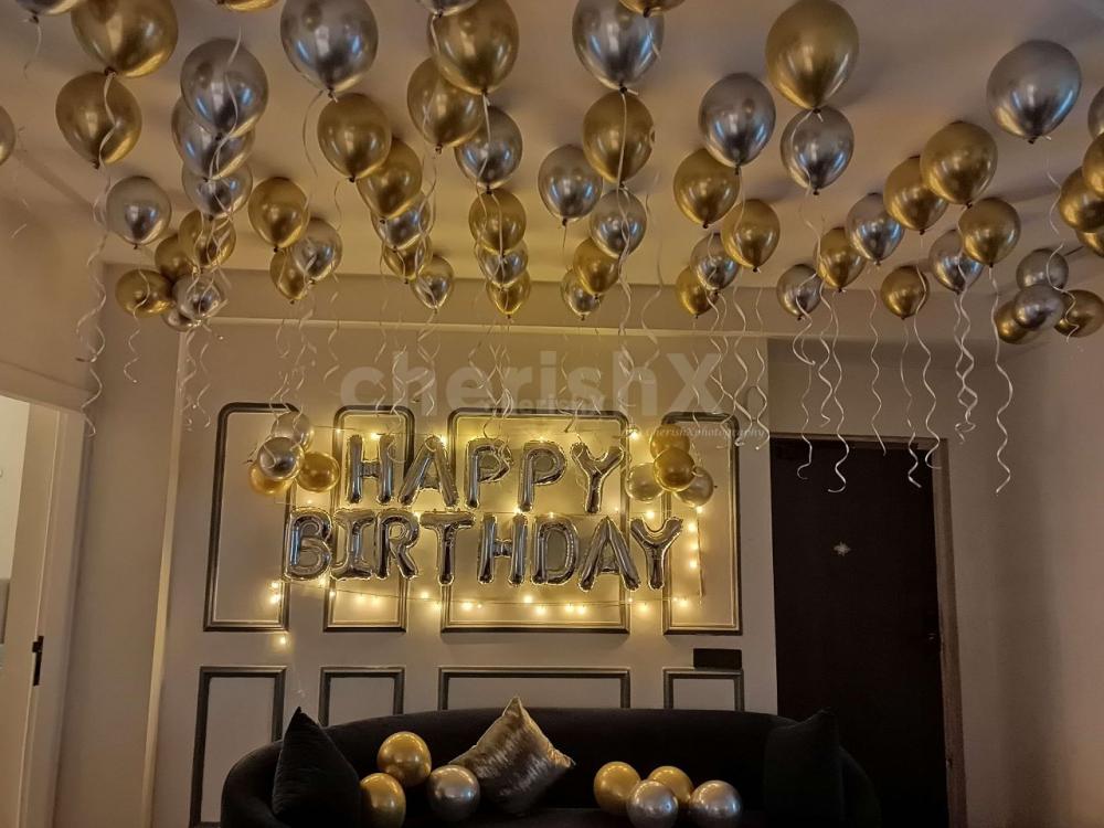 Beautiful birthday decoration with Golden and silver chrome balloon.