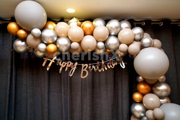 Balloon Arc, Chrome Balloons and Happy Birthday Bunting