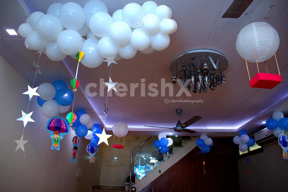 Balloon and Room Decoration with Hot Air Parachute Theme for your Kid's Birthday.