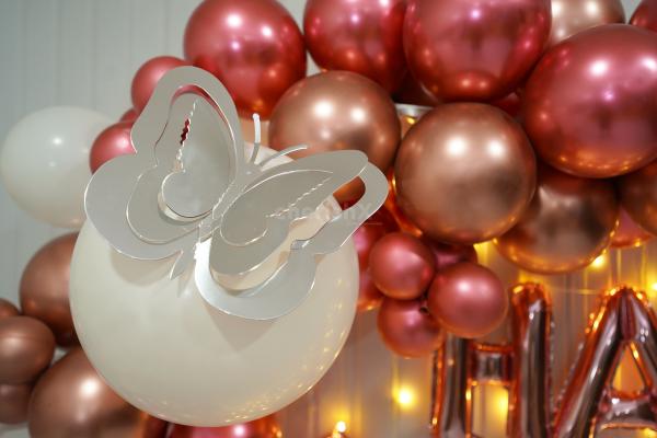 A Birthday Delight adorned with Rose Gold and Pink Chrome Balloons.