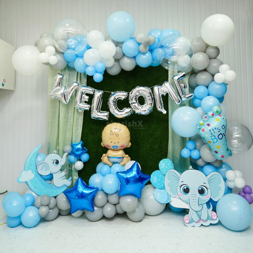Step into a whimsical wonderland with our charming Whimsical Elephants Welcome Baby Decor, featuring adorable elephant wall decals and whimsical balloons.