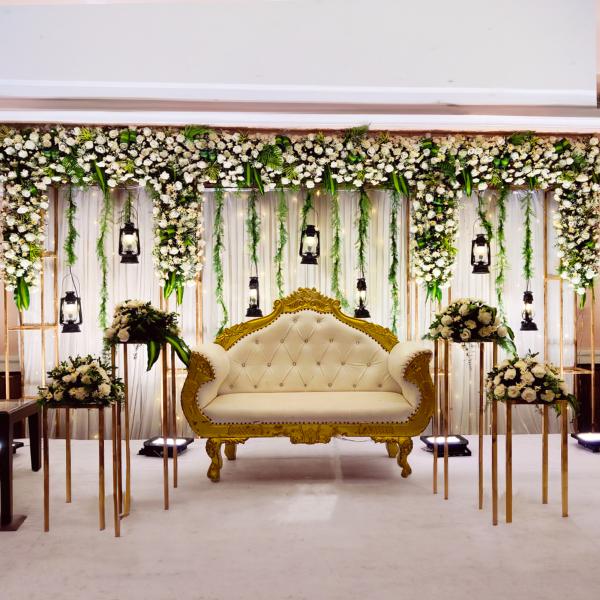 Experience our Elegant Flower Stage Decoration for a Perfect Reception Party.