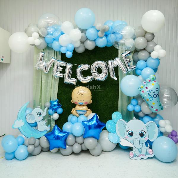 Step into a whimsical wonderland with our charming Whimsical Elephants Welcome Baby Decor, featuring adorable elephant wall decals and whimsical balloons.