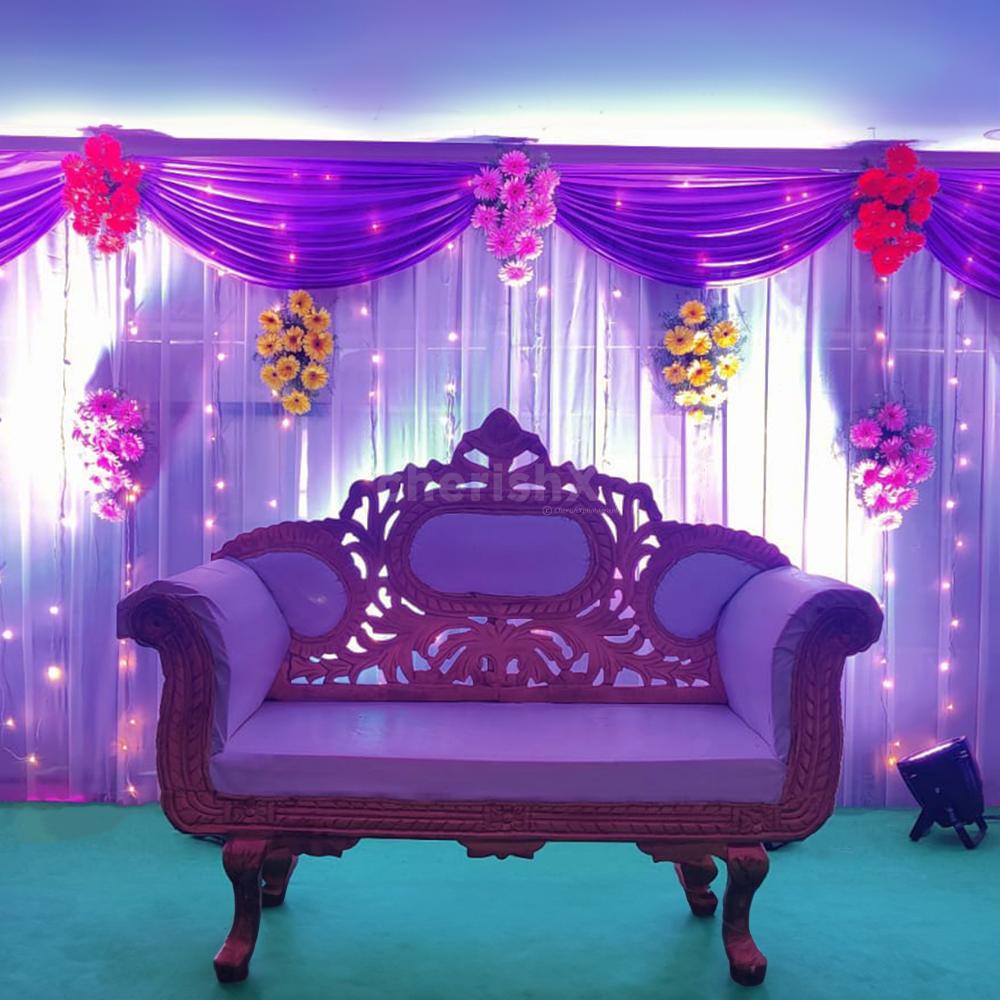 Simple & Elegant Blue Themed Decorated Stage for Ring Ceremony | Unique  wedding decoration | Elegant wedding stage decoration with flowers and  curtains | Lights decoration for wedding | Theme lights decoration