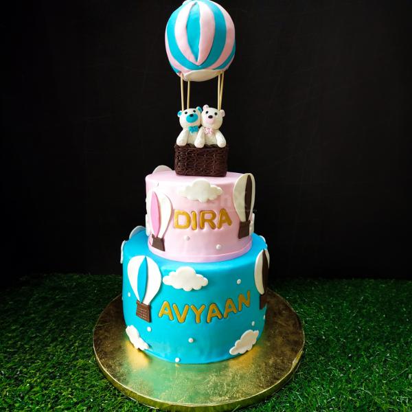 Hot Air Balloon Theme Two-Tier Fondant Cake for Welcoming Twins