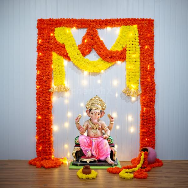 Traditional marigold flower decorations for Ganesh Chaturthi celebrations