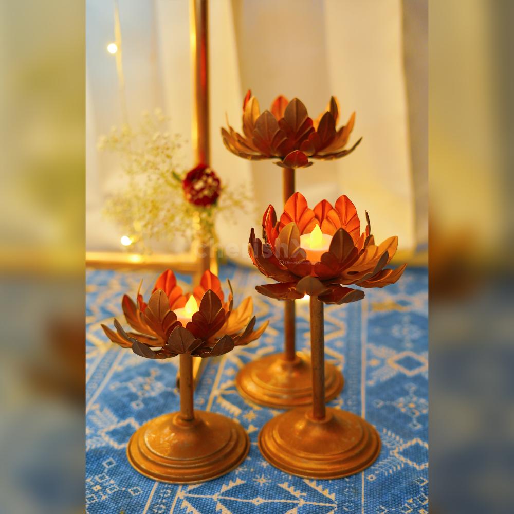 Enhance your Diwali backdrop with delightful add-ons like Lotus Candle Holders, Petals Pot, and LED Candles, or opt for a stress-free setup with our professional decorator service."