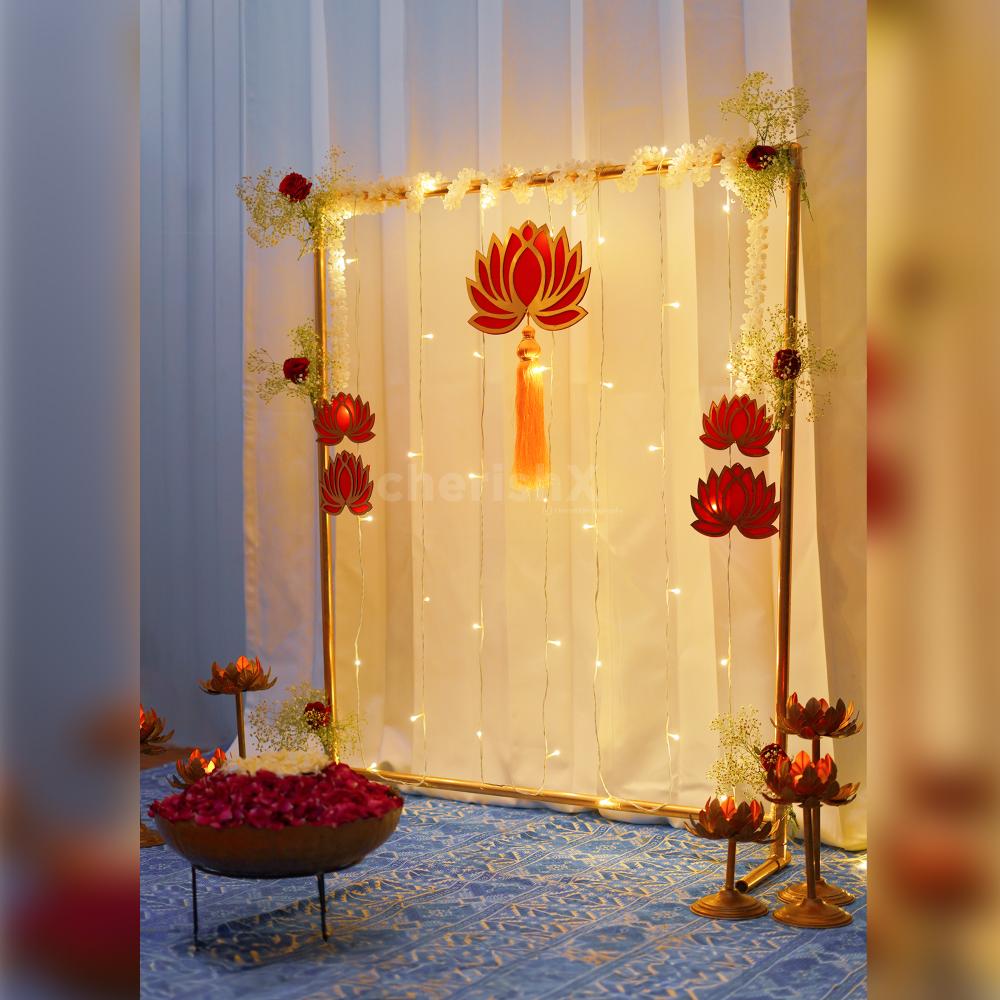 Say goodbye to market confusion and exhaustion with our ready-to-go Diwali decor kit that includes regular stand adorned with flowing fabric tassels, a majestic lotus centrepiece, and delicate lotus hangings.