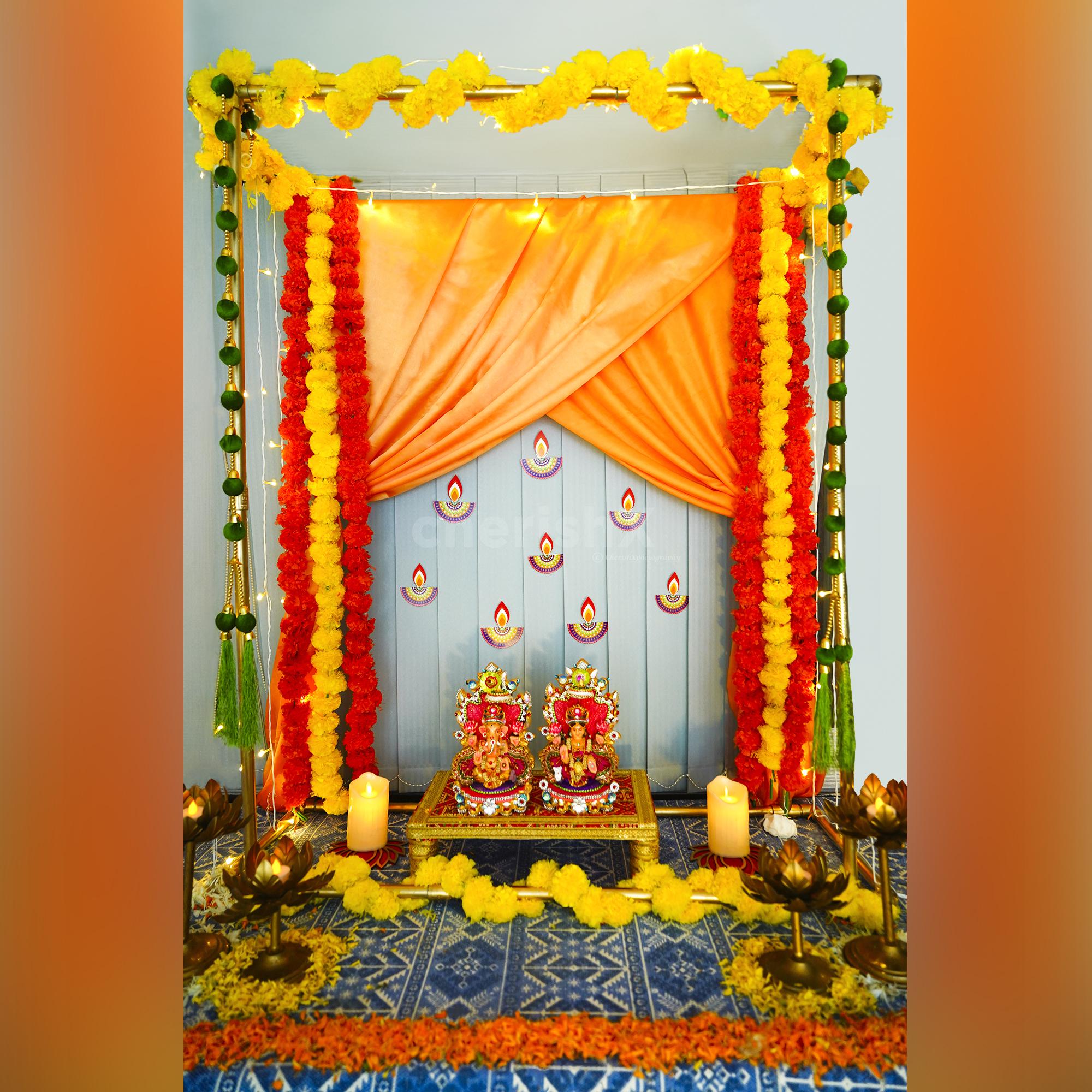 Check Out Our Vibrant Diy Garland Diwali Puja Decor Set-up At Home 