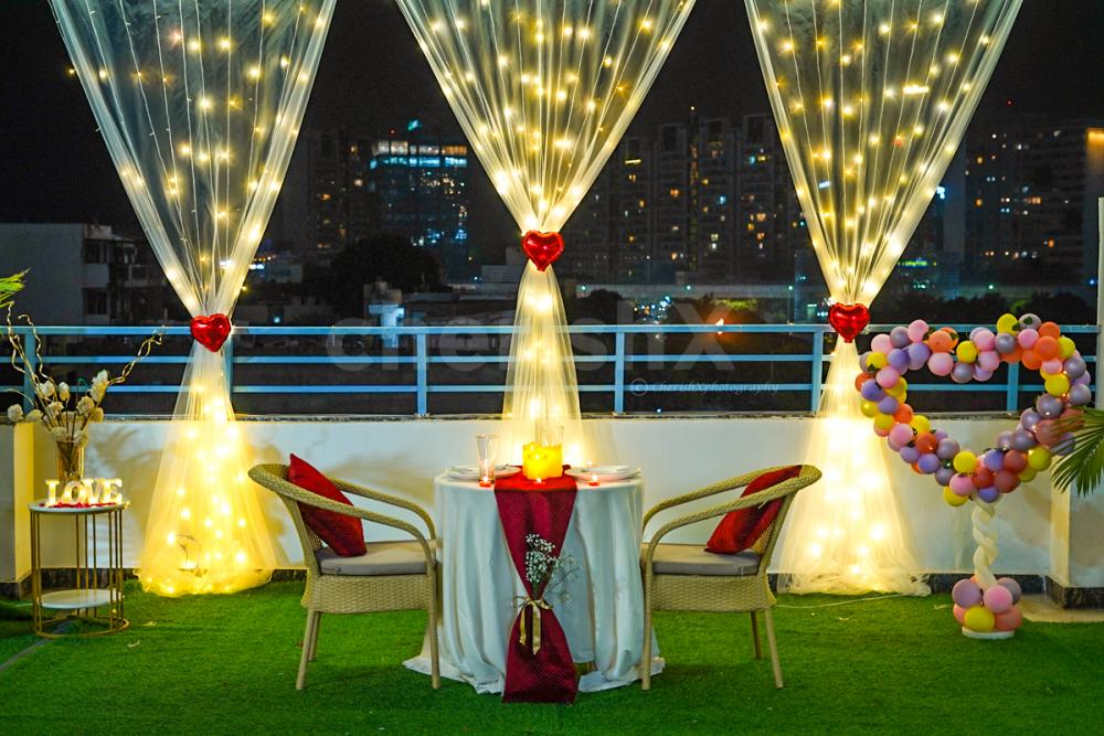 Our enchanted open-air setup with flickering candles and pixel lights creates a magical aura.