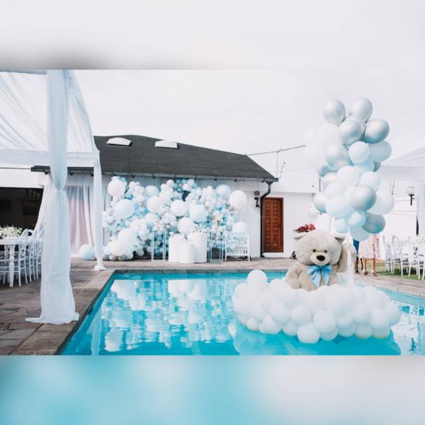 Dive into the charm of our Aqua Bliss baby shower decor featuring a Balloon Wall with a Stand in soothing pastel blue hues and adorable macaron balloons.