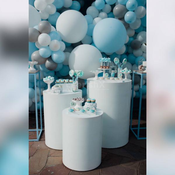 Capture the joy of a pool-themed celebration with our stunning Balloon Wall, adorned with pastel blue, white, and silver chrome balloons for a blissful ambiance.