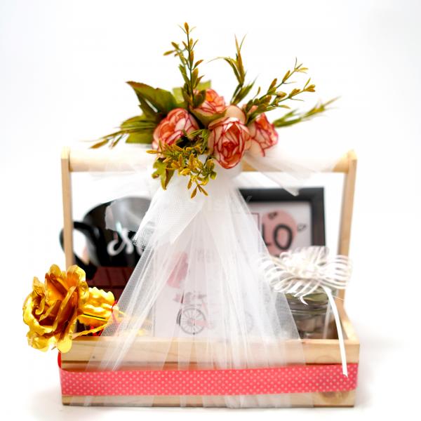 Wooden Handle Basket with Red Ribbon and White Net Fabric for Sweet Love Valentine Hamper