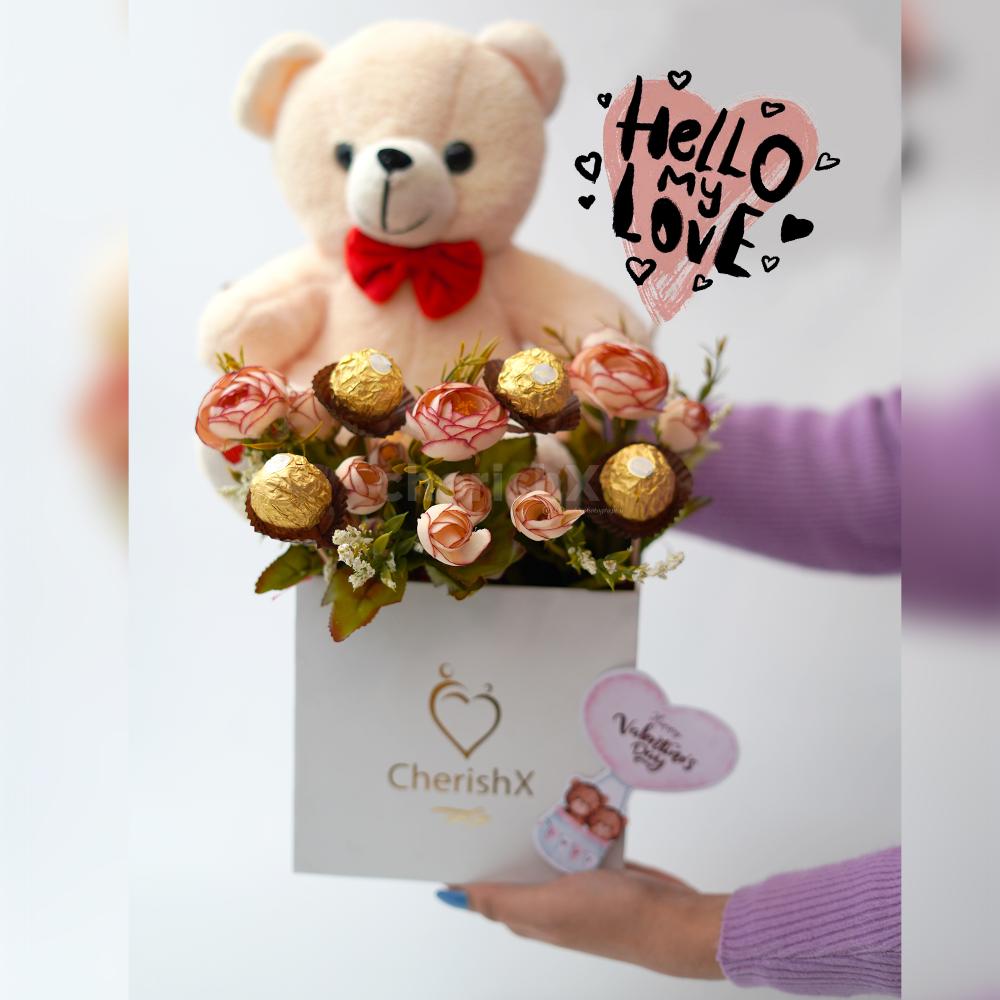 A Valentine's bucket also features delectable Ferrero Rocher chocolates