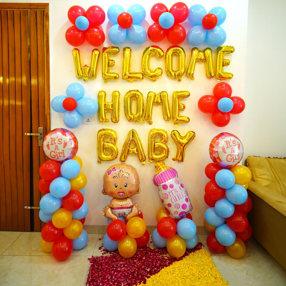 Baby welcome decoration at home with flowers