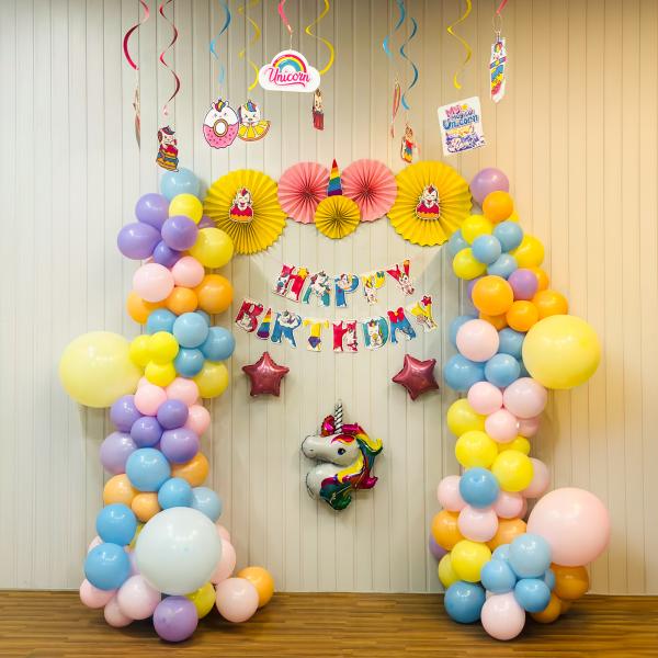 Unicorn Theme Birthday Decoration With Pastel Color Balloons