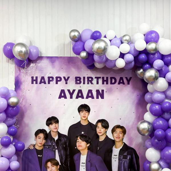 Bring BTS to life with our stunning 6x6 ft customized flex and balloon decor