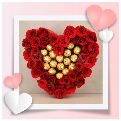 Romantic Heart shaped rose and ferrero rocher arrangement